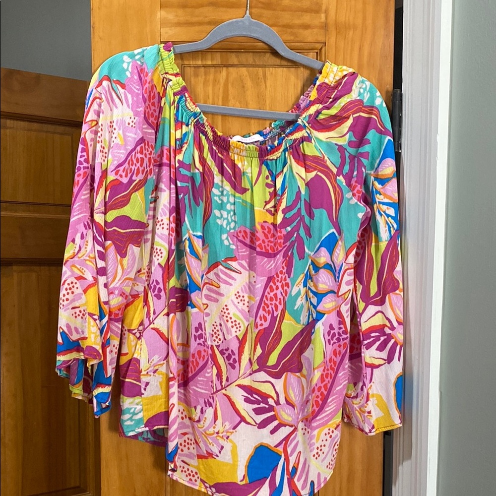 Pink and Green Asymmetrical Blouse with Flutter Sleeves